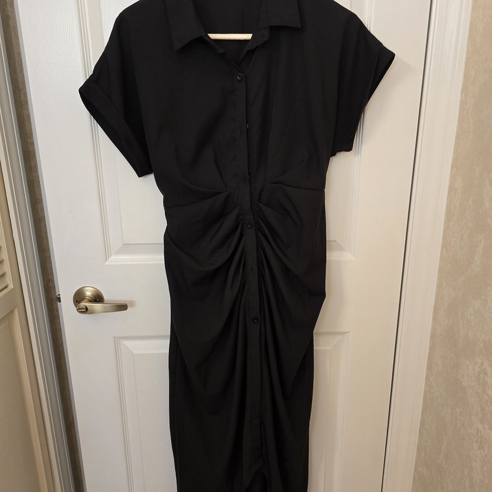 Black Ruched Button-Front Women's Dress